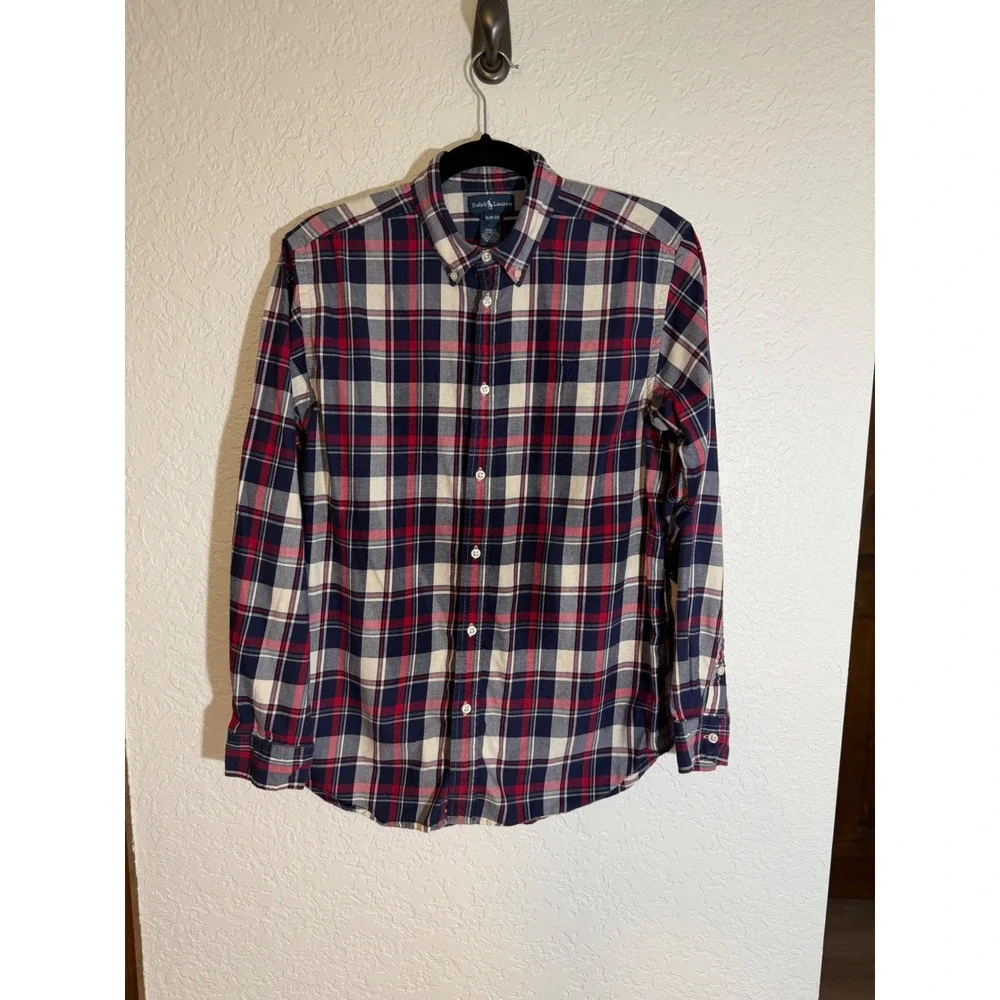 Ralph Lauren Button Down Shirt Red XL Boys Plaid Long Sleeve Slim Fit